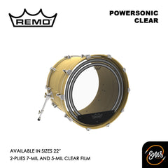 Remo หนังกลองใสสองชั้น รุ่น PW-1322-00 22″ Powersonic Bass Clear หน้ากระเดื่อง 2ชั้น